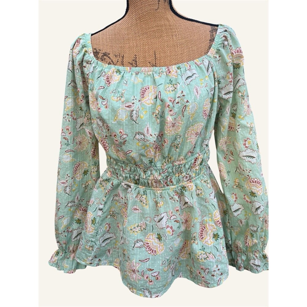 Torrid Cotton Floral Print Blouse Smocked Green Size Large